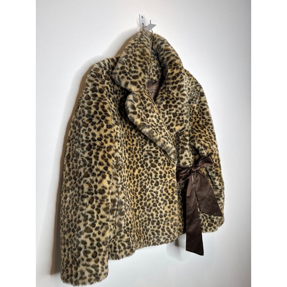 Vintage 2000s Leopard Faux Fur Wrap Coat Jacket With Side Ribbon Tie Large - Picture 12 of 16